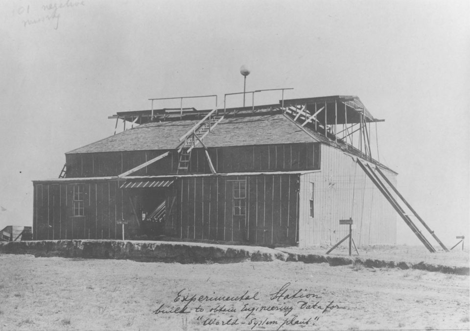 Tesla’s Experimental Station under construction, with scaffolding on the walls