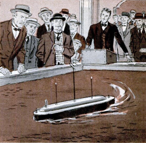 Illustration from Popular Science, 1956: Tesla steering his wireless boat before a crowd of onlookers